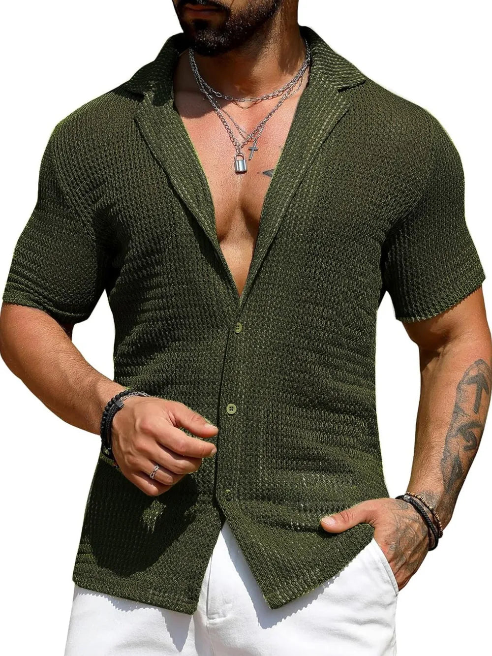 Men's Full Size Openwork Button Down Short Sleeve Shirt Plus Size - Premium Men's Shirts from Trendsi - Just $36.14! Shop now at Handbags Specialist Headquarter