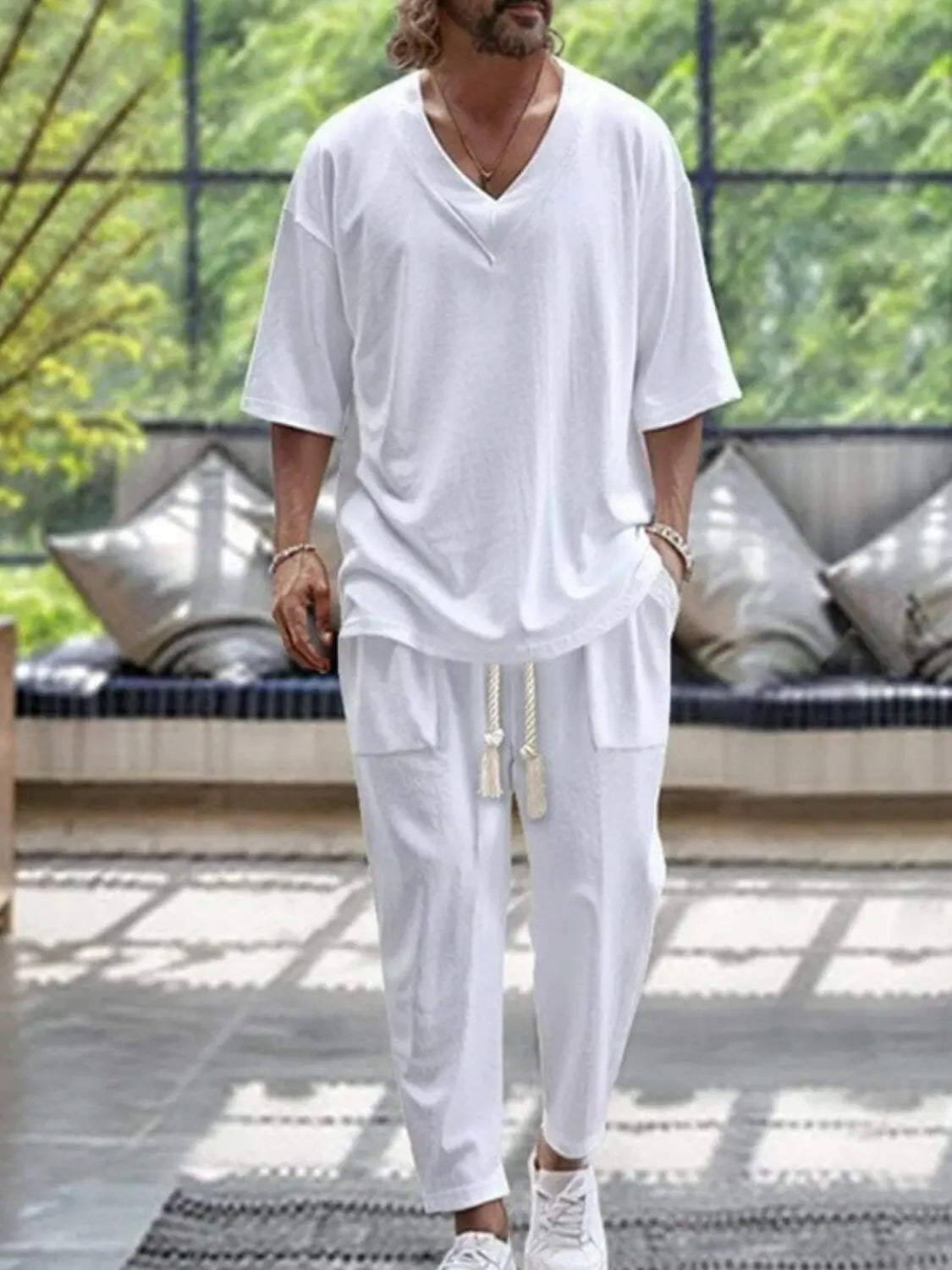 Men's Plus Size V-Neck Half Sleeve Top and Pants Set.