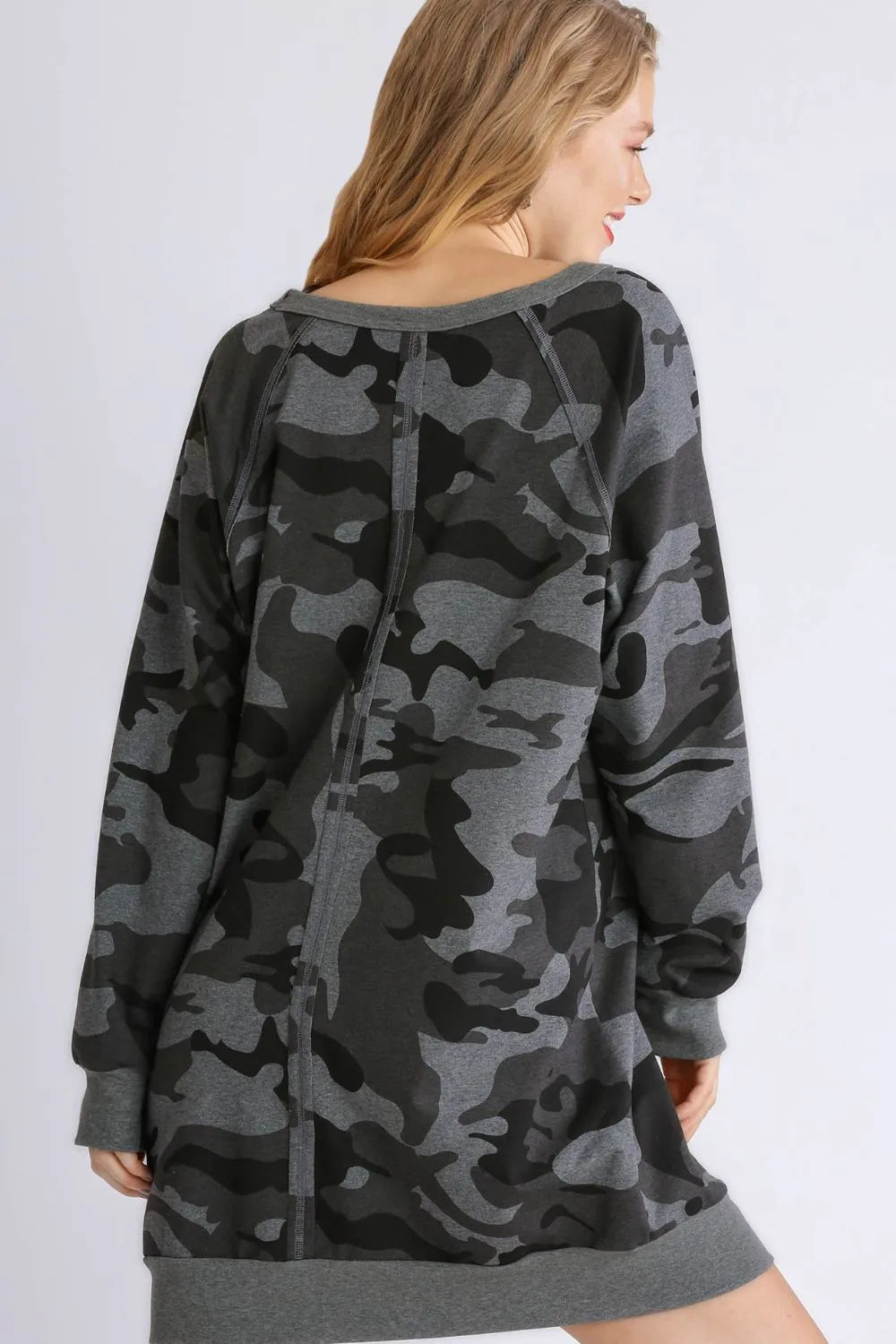 Umgee Full Size Camo Print Ribbed Hem French Terry Mini Dress Plus Size - Premium Dresses from Trendsi - Just $38.99! Shop now at Handbags Specialist Headquarter