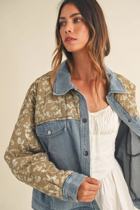 MABLE Quilted Paisley Print Contrast Denim Jacket - Premium Women / Jeans & Denim from Trendsi - Just $71.56! Shop now at Handbags Specialist Headquarter