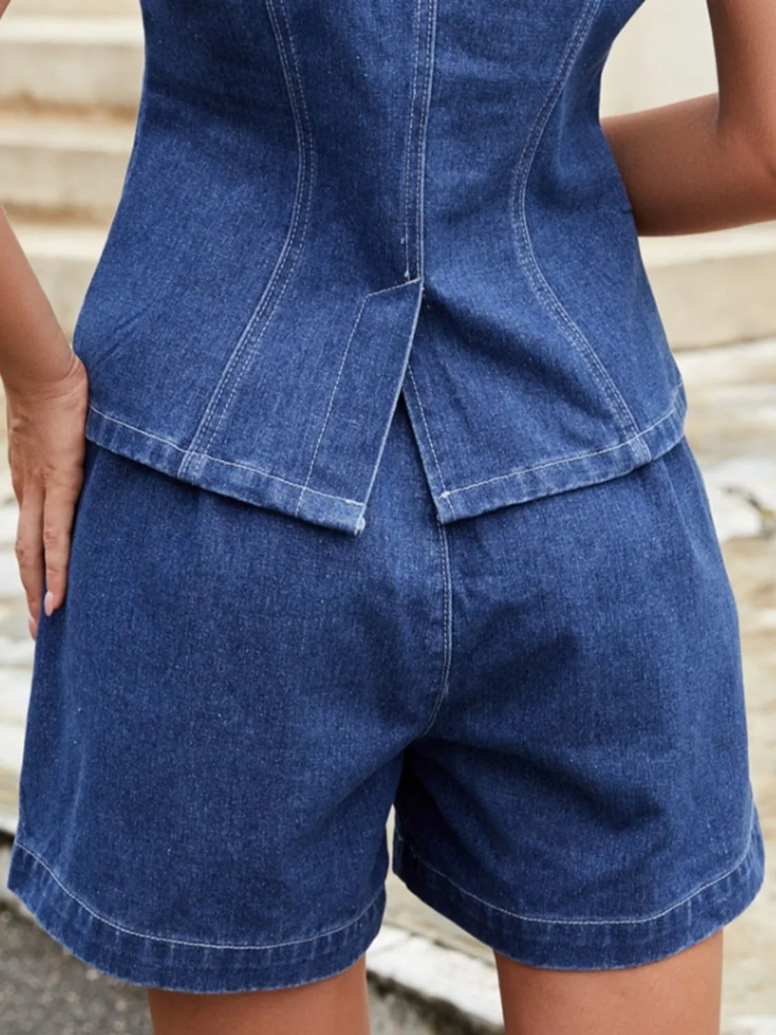 Button Down Vest and Shorts Denim Set - Premium Women / Jeans & Denim from Trendsi - Just $24.62! Shop now at Handbags Specialist Headquarter