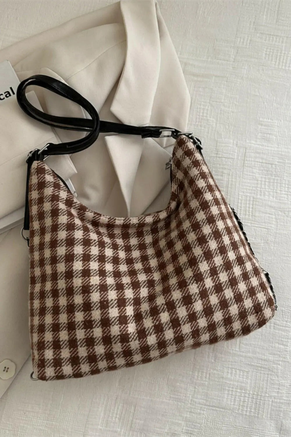 Plaid Adjustable Strap Handbag.