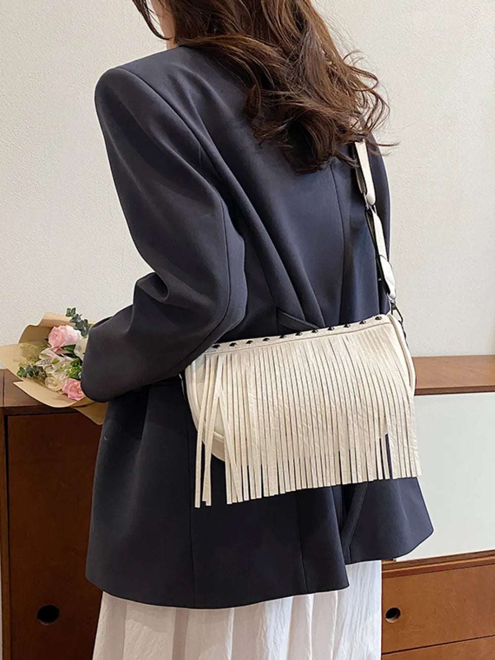 PU Leather Fringe Studded Crossbody Bag - Premium Crossbody Bag from Trendsi - Just $29.99! Shop now at Handbags Specialist Headquarter