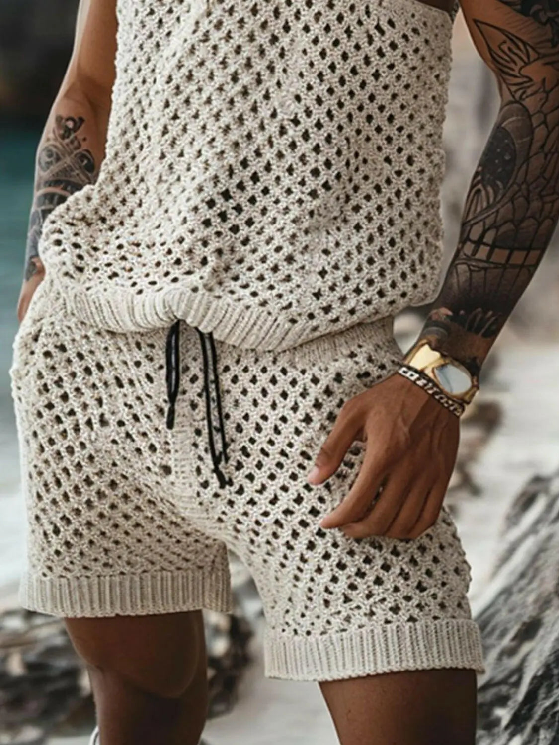 Men's Plus Size Hollow Out Round Neck Tank and Shorts Set.