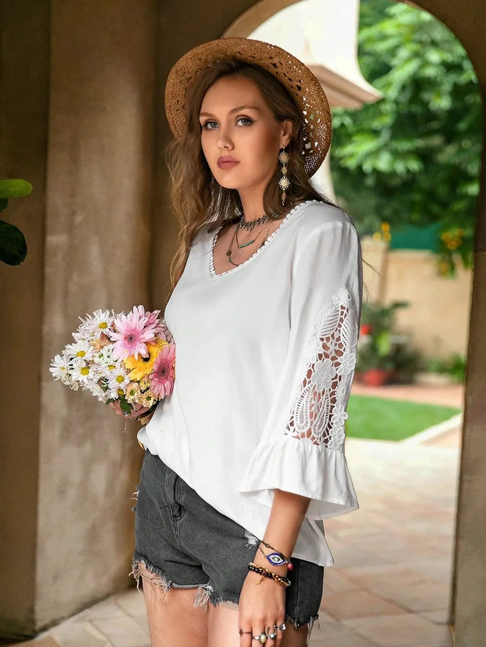 Plus Size Lace Detail V-Neck Three-Quarter Sleeve Blouse - Premium Plus Size Shirts from Trendsi - Just $22.50! Shop now at Handbags Specialist Headquarter