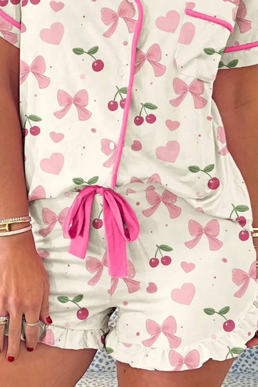 Printed Button Up Short Sleeve Top and Shorts Lounge Set - Premium Sleepwear from Trendsi - Just $48.99! Shop now at Handbags Specialist Headquarter