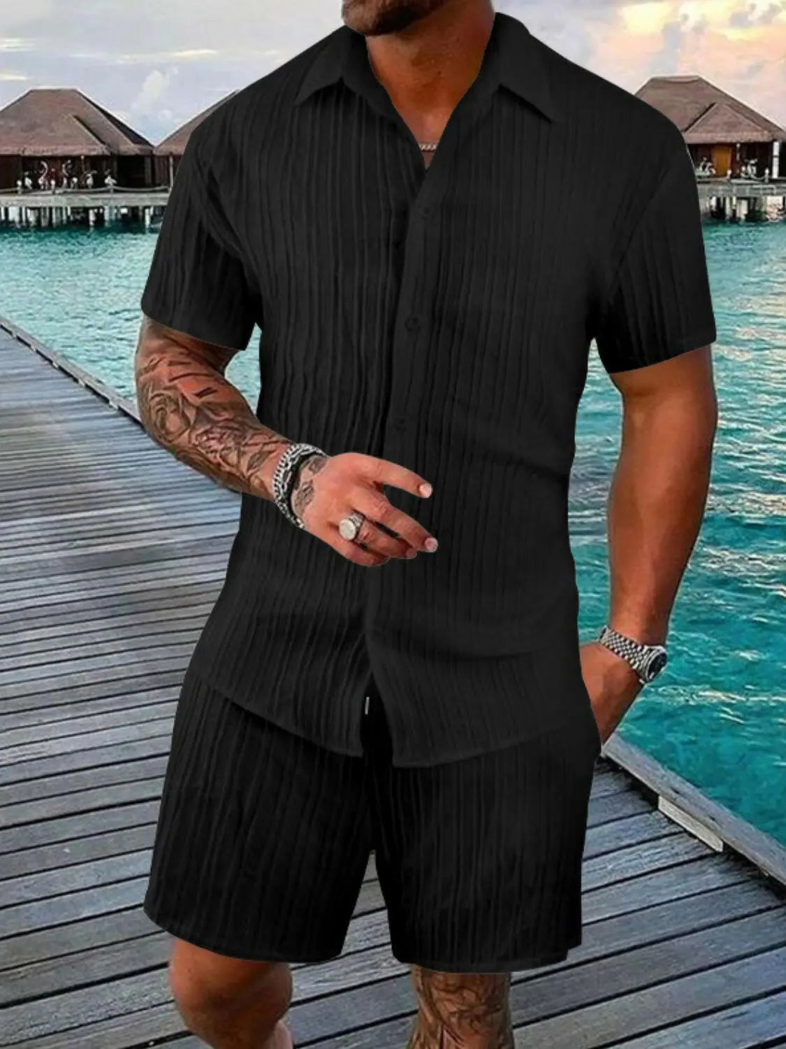 Men's Full Size Button Down Short Sleeve Shirt and Shorts Set Plus Size.