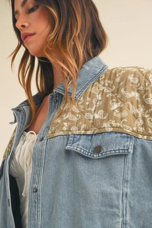 MABLE Quilted Paisley Print Contrast Denim Jacket - Premium Women / Jeans & Denim from Trendsi - Just $71.56! Shop now at Handbags Specialist Headquarter
