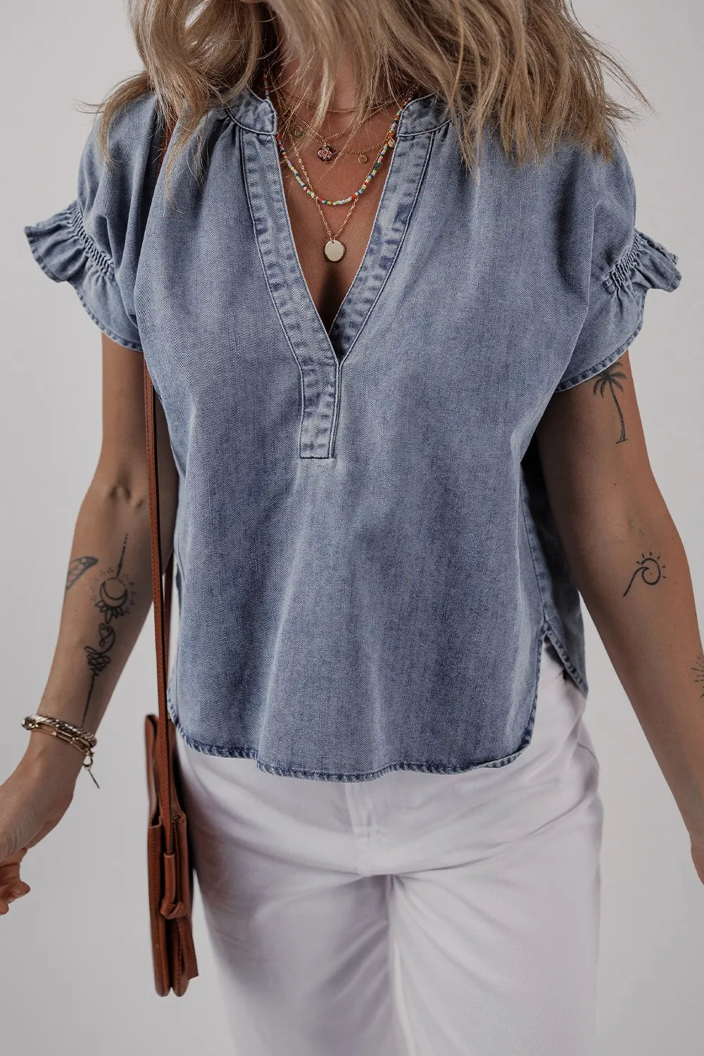 V Neck Ruffled Short Puff Sleeve Denim Top - Premium Women / Jeans & Denim from Trendsi - Just $39.06! Shop now at Handbags Specialist Headquarter