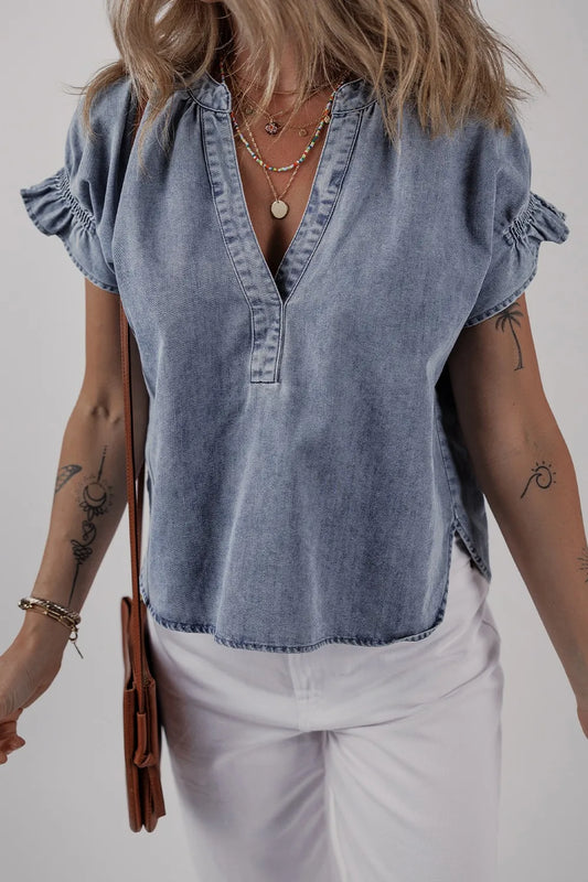V Neck Ruffled Short Puff Sleeve Denim Top - Premium Women / Jeans & Denim from Trendsi - Just $39.06! Shop now at Handbags Specialist Headquarter
