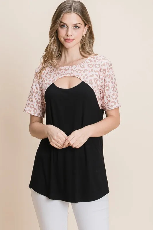 BOMBOM Chic Leopard Contrast Cutout Top - Premium Tops from Trendsi - Just $13.42! Shop now at Handbags Specialist Headquarter