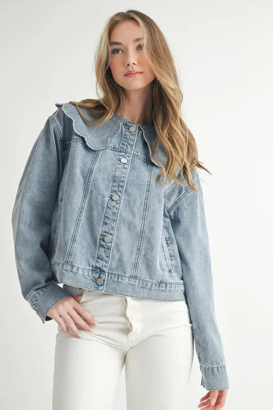 MABLE Scallop Peter Pan Collar Denim Jacket - Premium Women / Jeans & Denim from Trendsi - Just $64.90! Shop now at Handbags Specialist Headquarter
