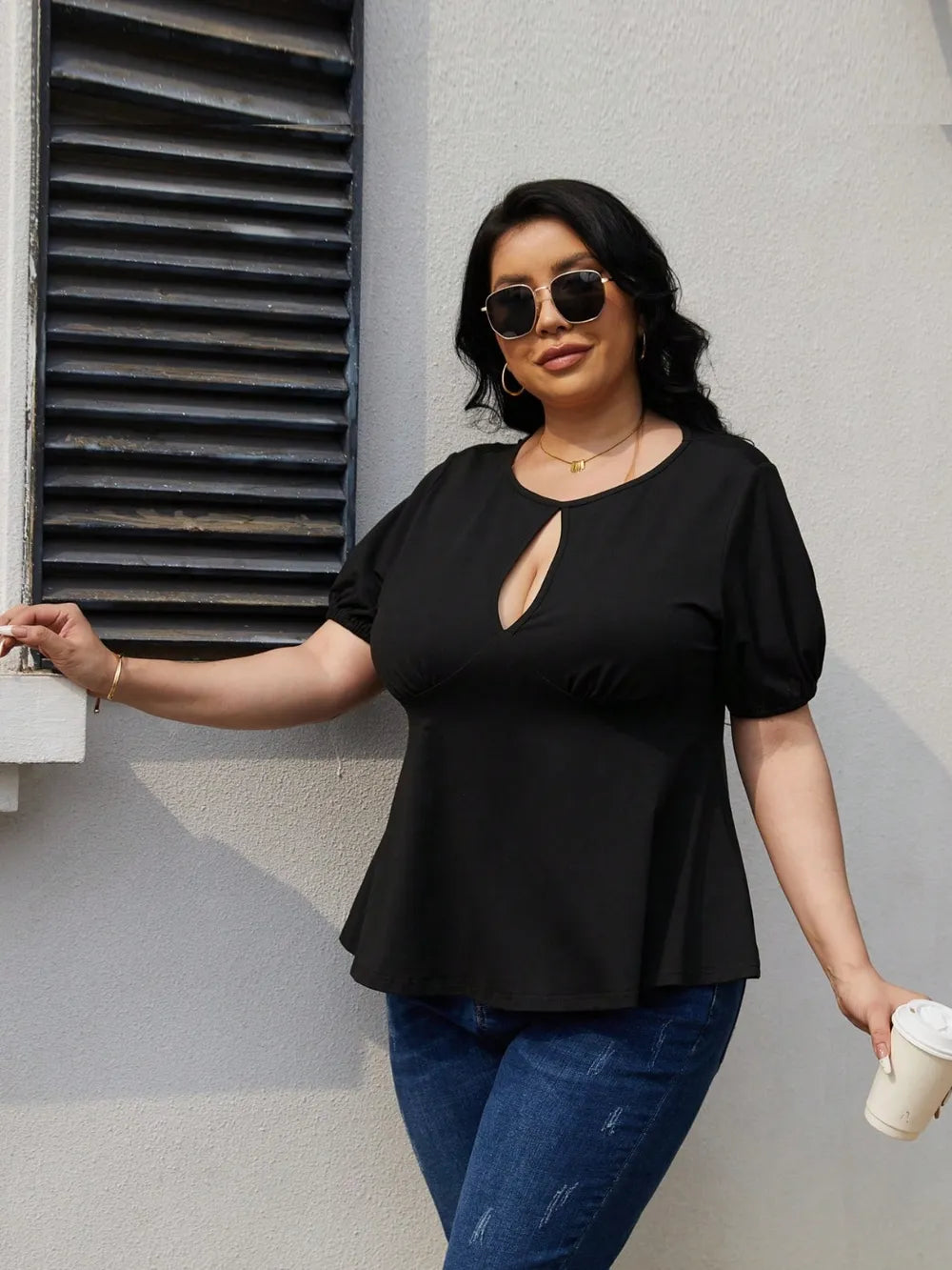 Plus Size Cutout Short Sleeve Blouse - Premium Plus Size Shirts from Trendsi - Just $21! Shop now at Handbags Specialist Headquarter