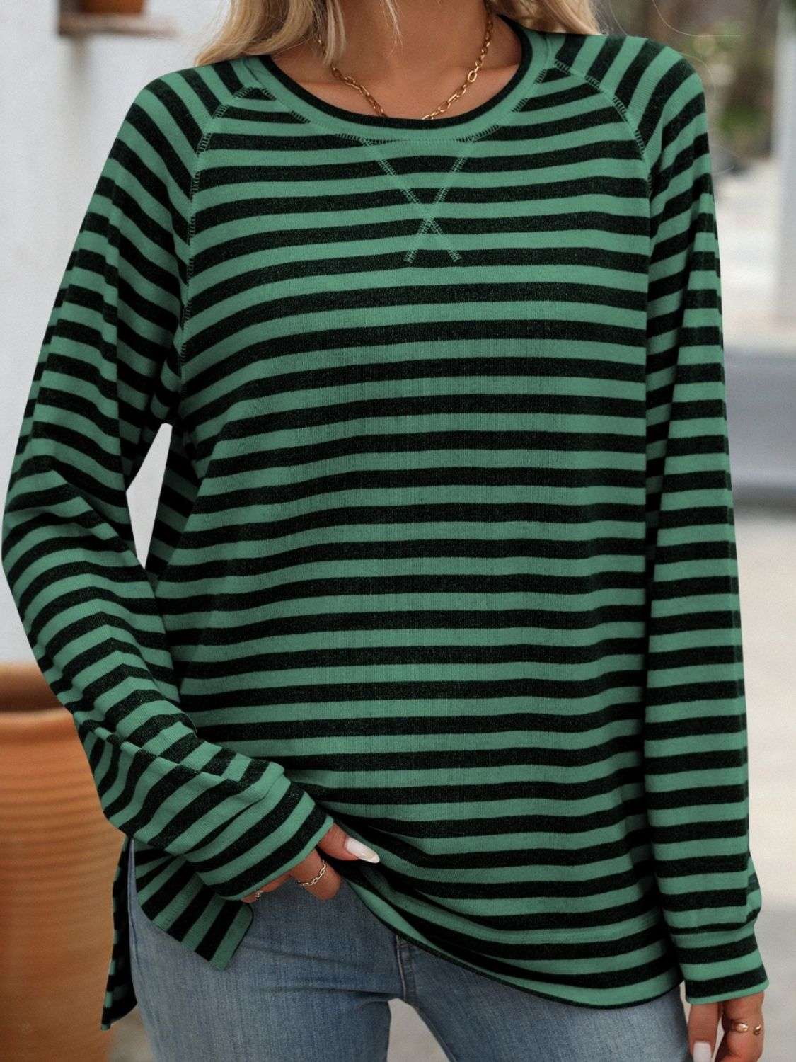 Mandy Striped Round Neck Long Sleeve T-Shirt - Premium Women / Tops from Trendsi - Just $24.72! Shop now at Handbags Specialist Headquarter