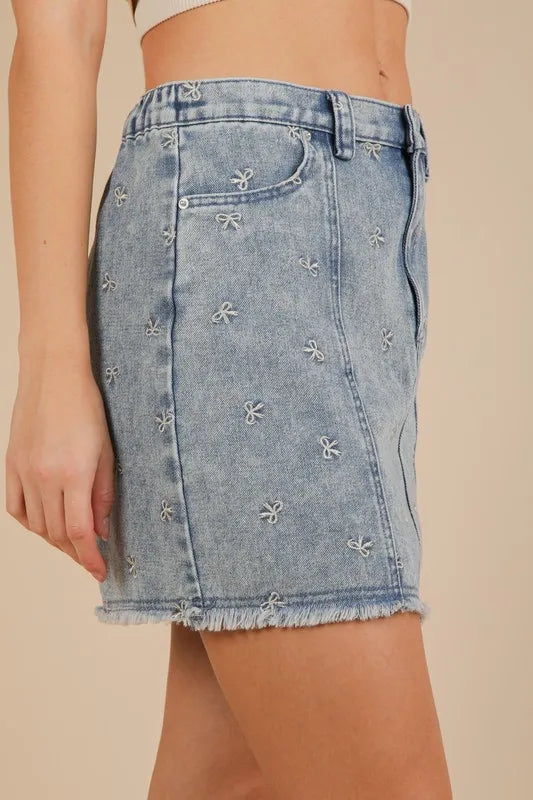 VERY J Bow Printed Casual Denim Mini Skirt - Premium Women / Jeans & Denim from Trendsi - Just $38.88! Shop now at Handbags Specialist Headquarter