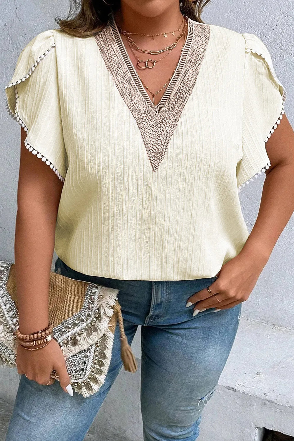 Plus Size V-Neck Petal Sleeve Blouse - Premium Plus Size Shirts from Trendsi - Just $19.96! Shop now at Handbags Specialist Headquarter