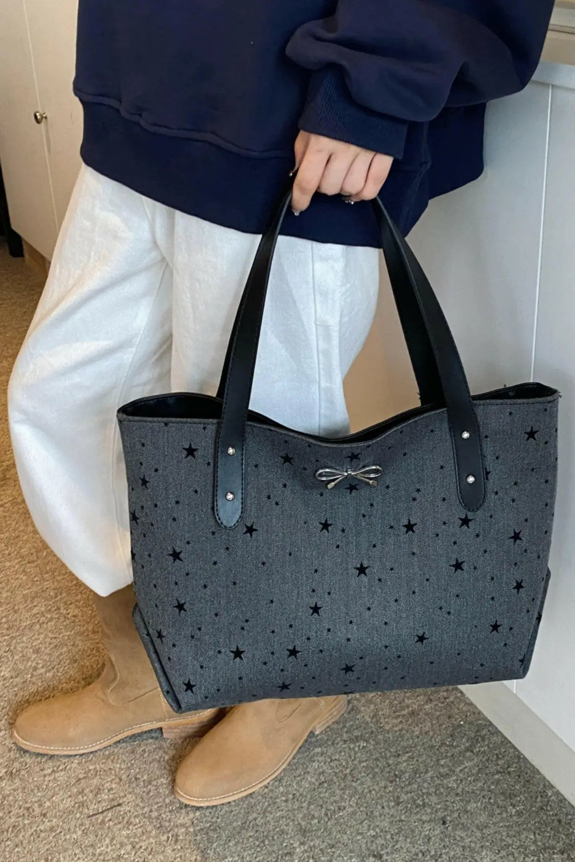 Polyester Bow Polka Dot Tote Bag.