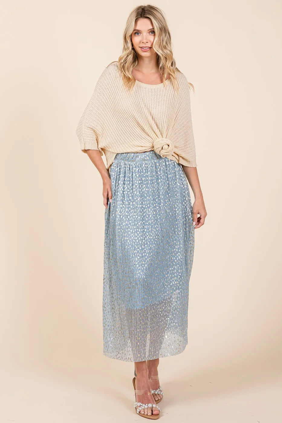 Mittoshop Metallic Glitter Speckle Print Elastic Midi Skirt - Premium Skirts from Trendsi - Just $60.99! Shop now at Handbags Specialist Headquarter