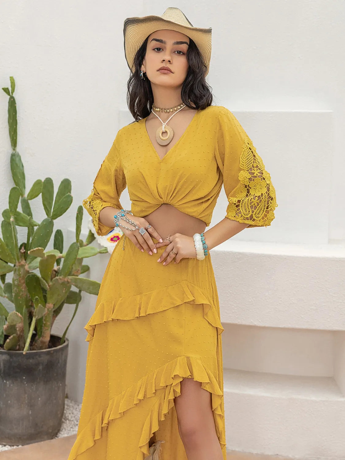 V-Neck Lace Three-Quarter Sleeve Top - Premium Tops from Trendsi - Just $26.28! Shop now at Handbags Specialist Headquarter