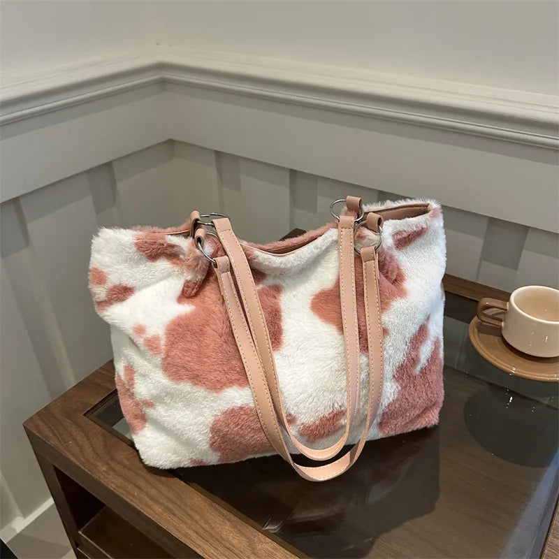Cow Print Furry Tote Bag - Premium Tote Bag from Trendsi - Just $39.99! Shop now at Handbags Specialist Headquarter