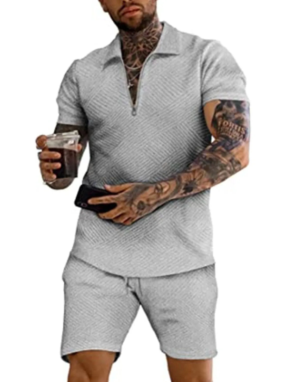 Men's Full Size Textured Collared Neck Short Sleeve Top and Shorts Set Plus Size - Premium Men's Pants Set from Trendsi - Just $33.66! Shop now at Handbags Specialist Headquarter