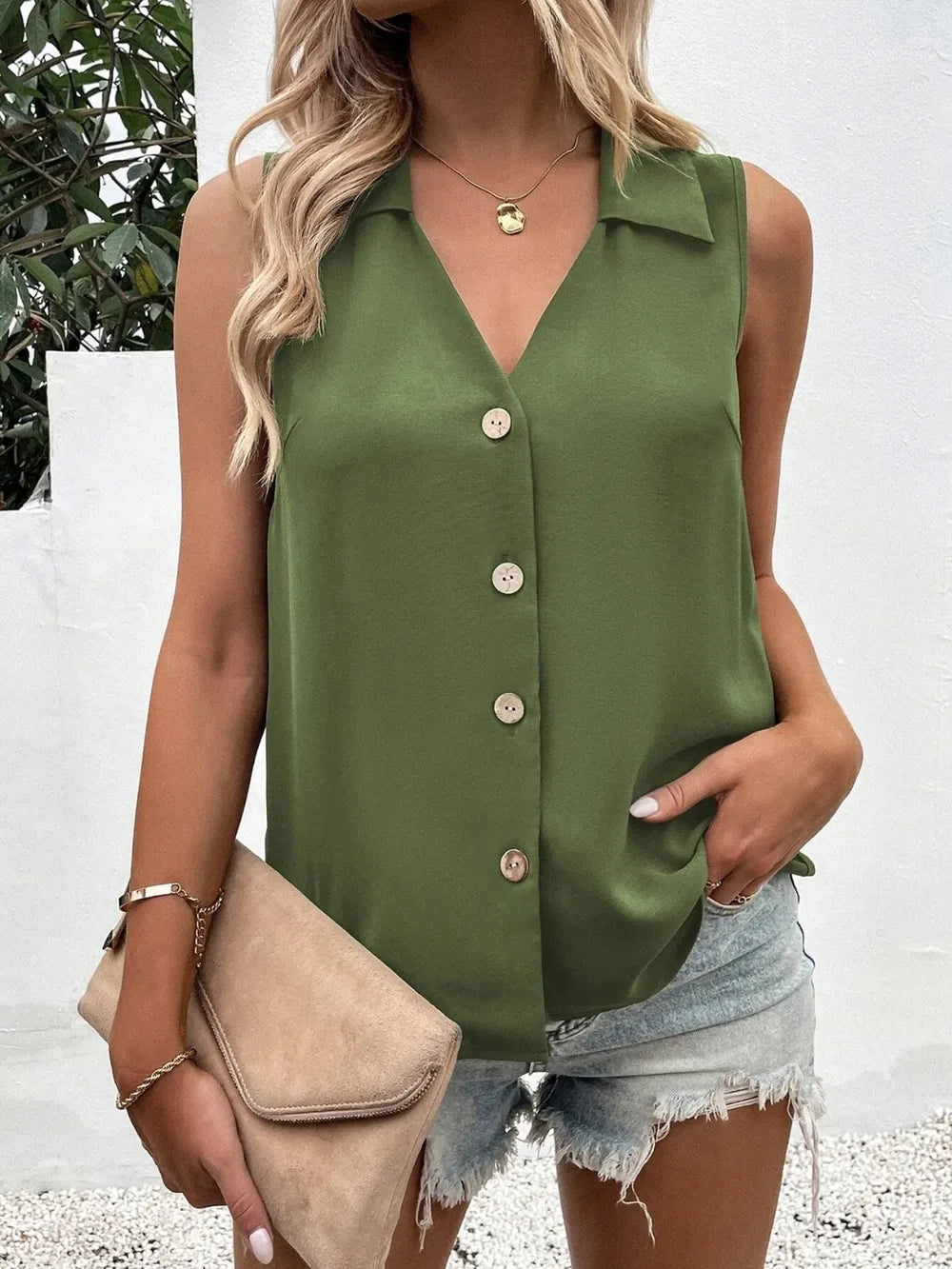 Full Size Johnny Collar Button Down Tank Plus Size - Premium Dresses from Trendsi - Just $20.99! Shop now at Handbags Specialist Headquarter