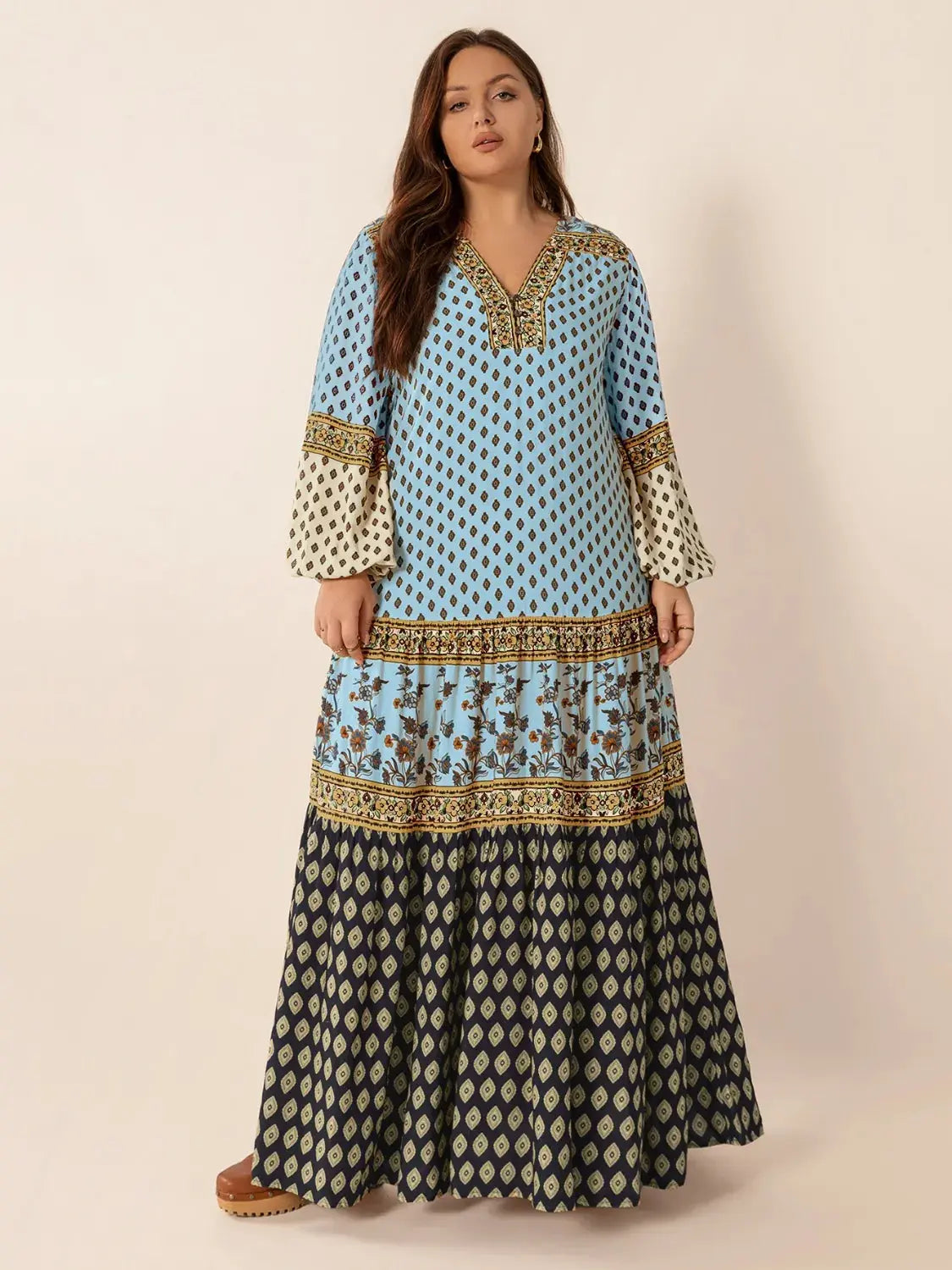 Plus Size Printed V-Neck Balloon Sleeve Maxi Dress.