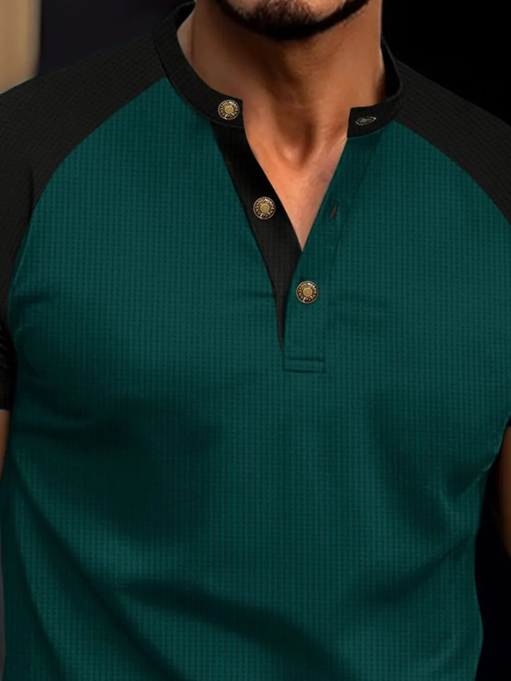 Men's Full Size Waffle-Knit Round Neck Contrast Polo Plus Size - Premium Men's Polo shirt from Trendsi - Just $30.99! Shop now at Handbags Specialist Headquarter