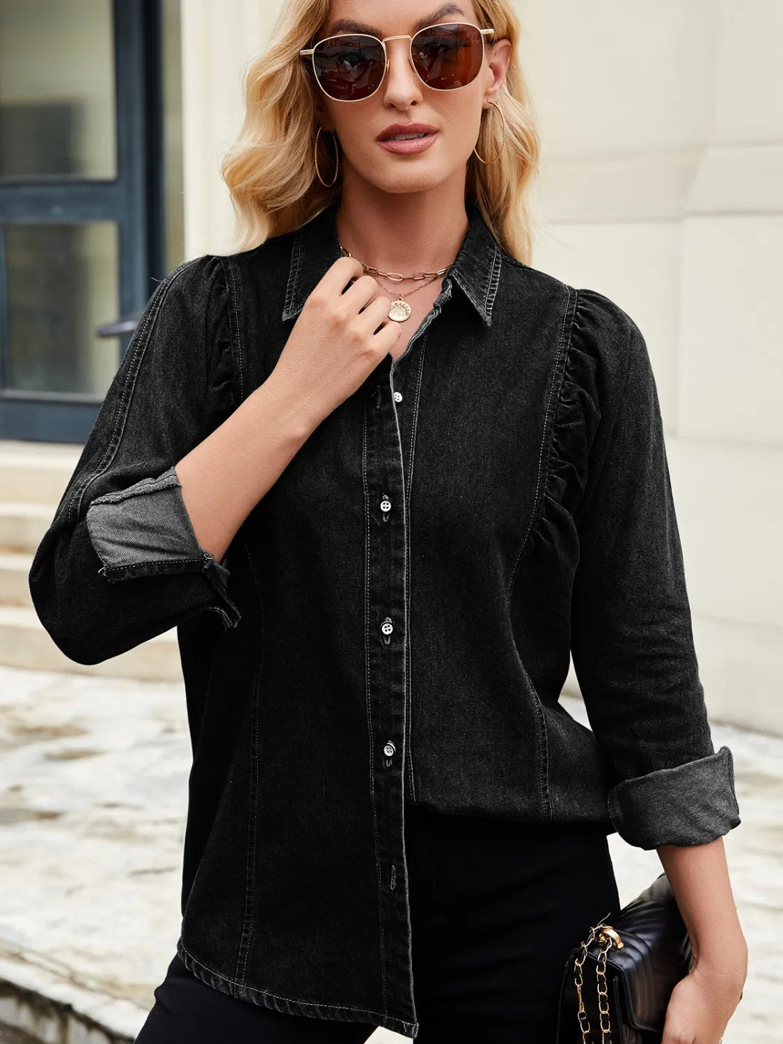 Button Down Collared Neck Denim Shirt - Premium Women / Jeans & Denim from Trendsi - Just $36.76! Shop now at Handbags Specialist Headquarter