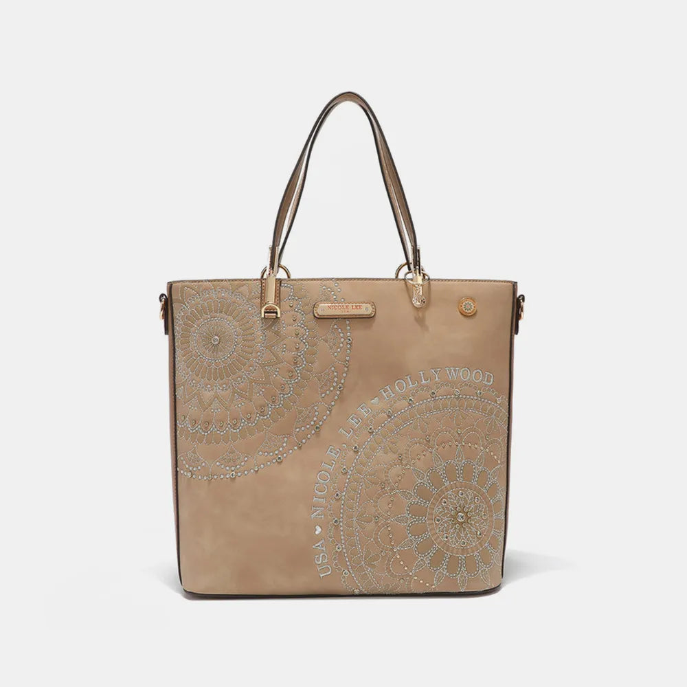 Nicole Lee USA Metallic Stitching Embroidery Inlaid Rhinestone Tote Bag - Premium Tote Bag from Trendsi - Just $64.99! Shop now at Handbags Specialist Headquarter