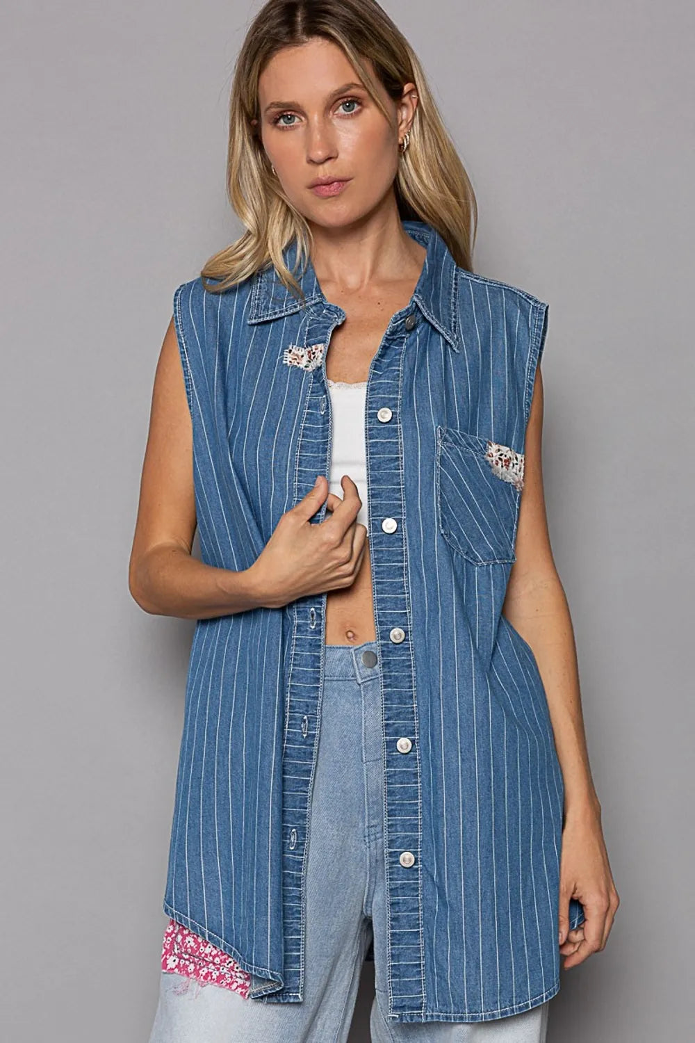 POL Button Down Sleeveless Striped Denim Shirt - Premium Women / Jeans & Denim from Trendsi - Just $43.86! Shop now at Handbags Specialist Headquarter