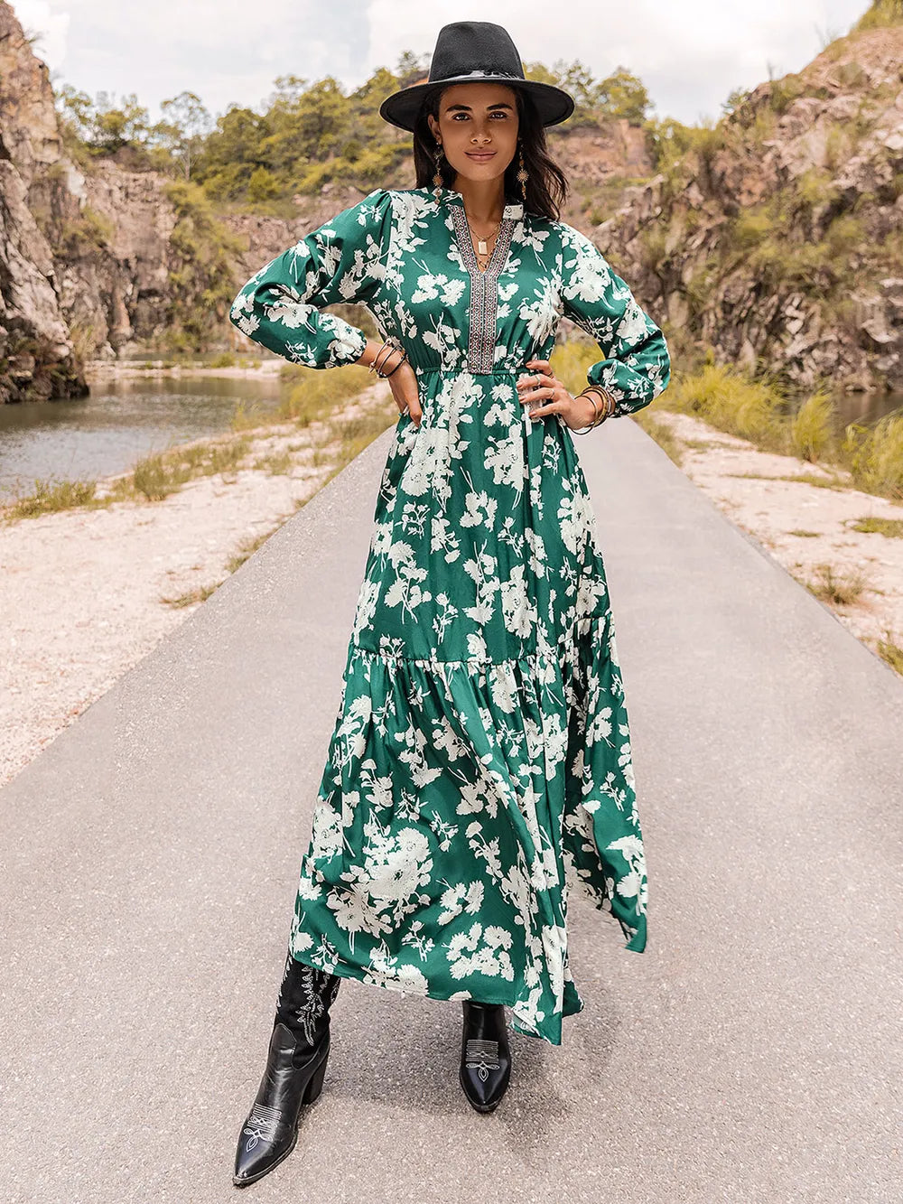 Printed Notched Neck Maxi Dress - Premium Maxi Dress from Trendsi - Just $49.99! Shop now at Handbags Specialist Headquarter