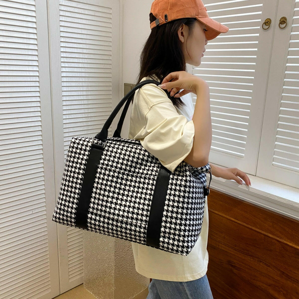 Houndstooth Canvas Travel Bag - Premium Luggage Travel Bags from Trendsi - Just $32.99! Shop now at Handbags Specialist Headquarter