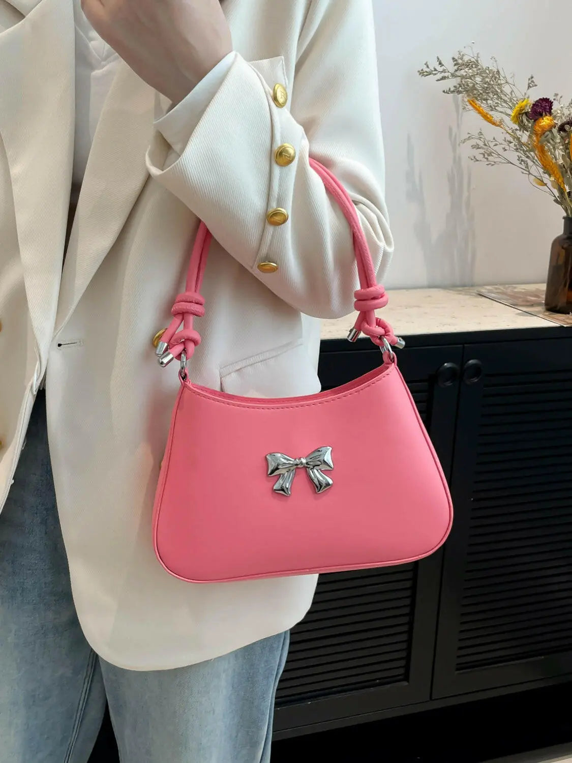 Bow PU Leather Knotted Strap Handbag - Premium Tote Bag from Trendsi - Just $20.62! Shop now at Handbags Specialist Headquarter