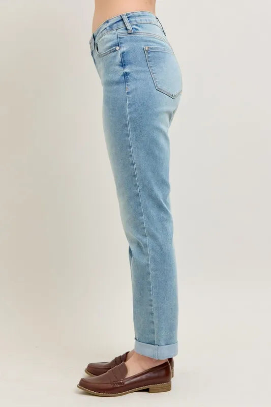 Judy Blue Full Size V-Front Cuff Boyfriend Jeans Plus Size - Premium Women / Jeans & Denim from Trendsi - Just $58.99! Shop now at Handbags Specialist Headquarter