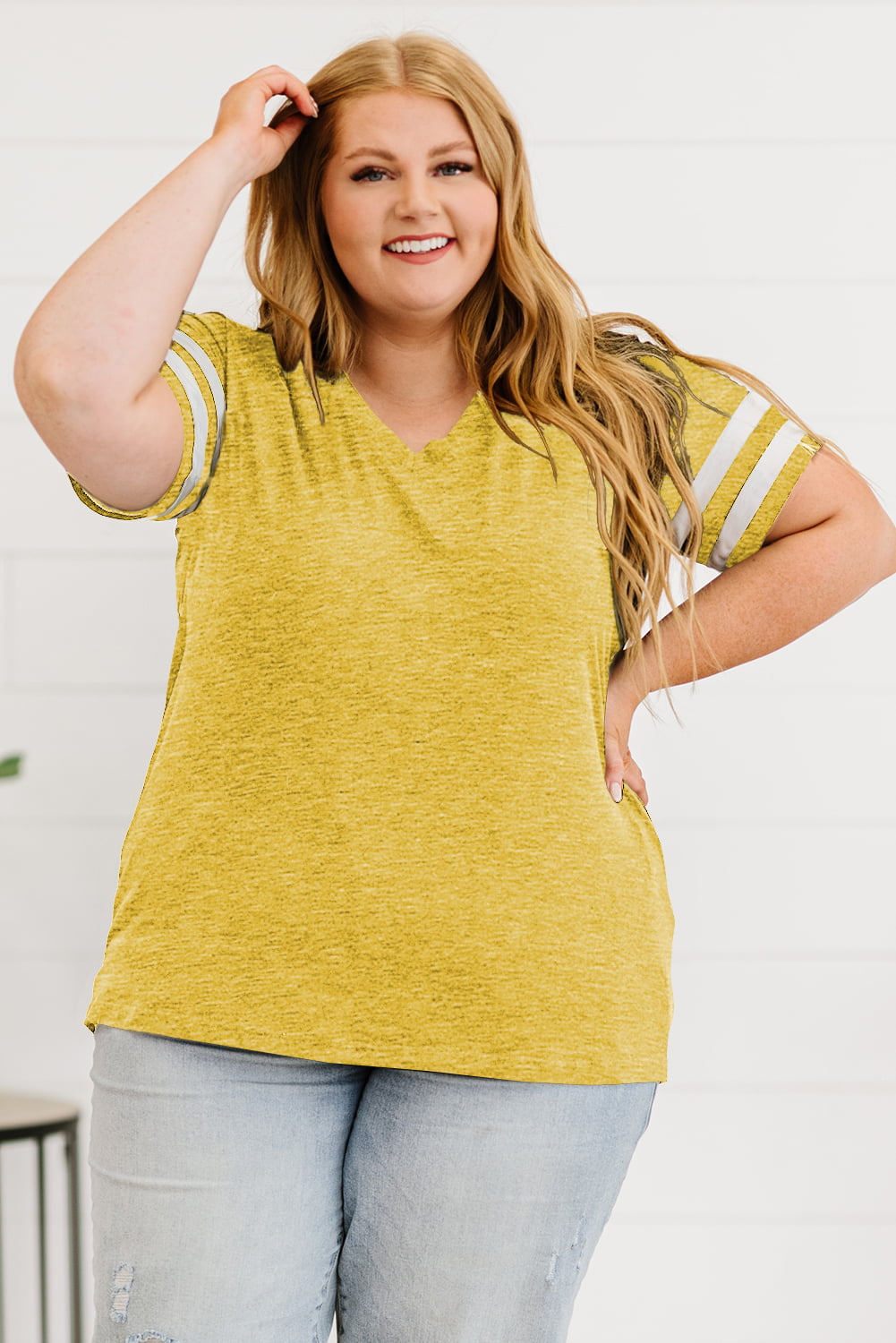 Plus Size Striped V-Neck Tee Shirt - Premium Plus Size Shirts from Trendsi - Just $26! Shop now at Handbags Specialist Headquarter