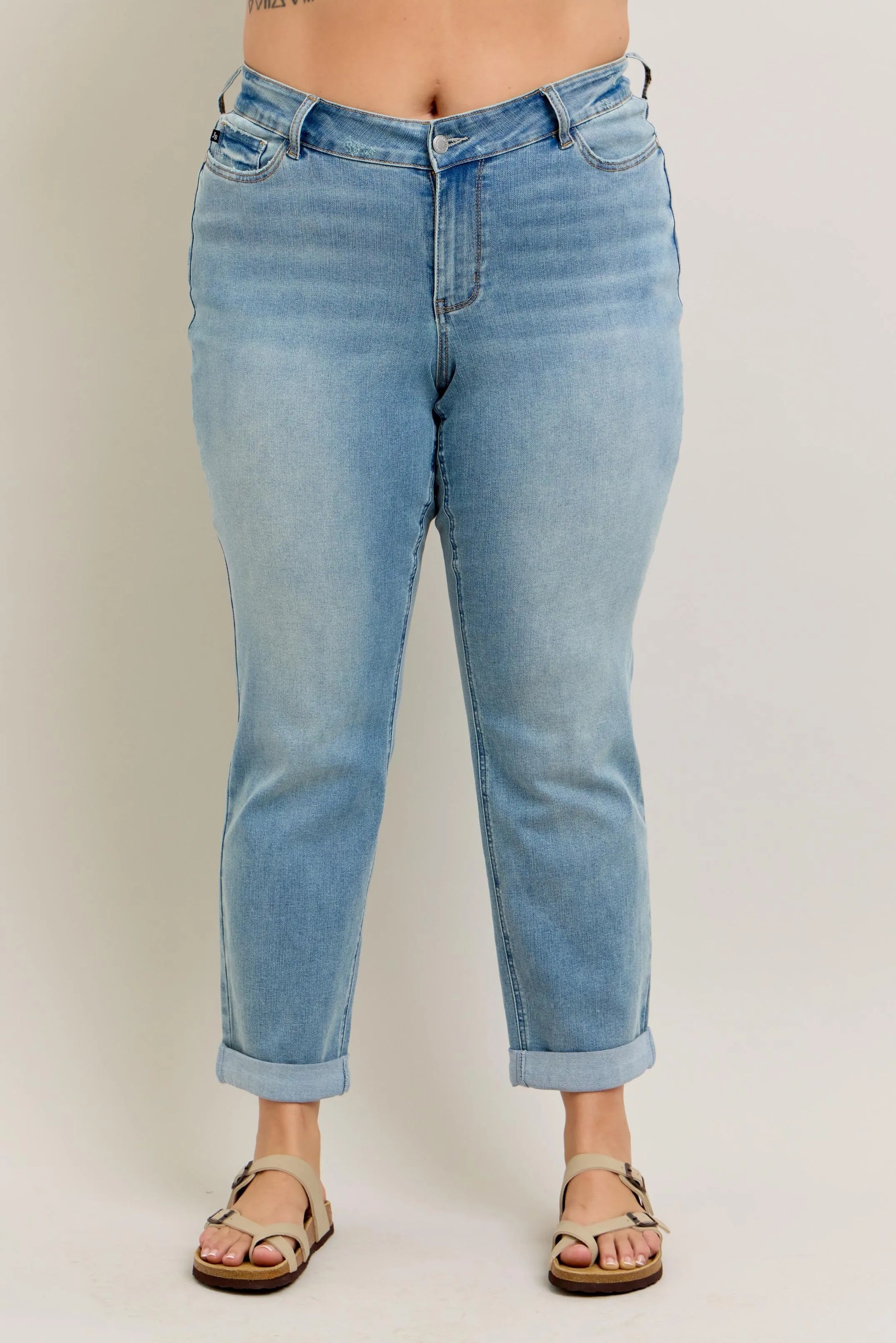 Judy Blue Full Size V-Front Cuff Boyfriend Jeans Plus Size - Premium Women / Jeans & Denim from Trendsi - Just $58.99! Shop now at Handbags Specialist Headquarter