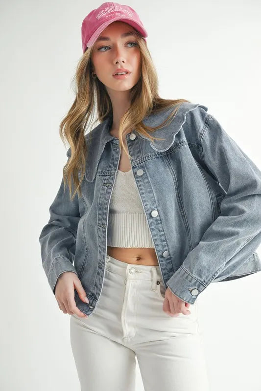 MABLE Scallop Peter Pan Collar Denim Jacket - Premium Women / Jeans & Denim from Trendsi - Just $64.90! Shop now at Handbags Specialist Headquarter