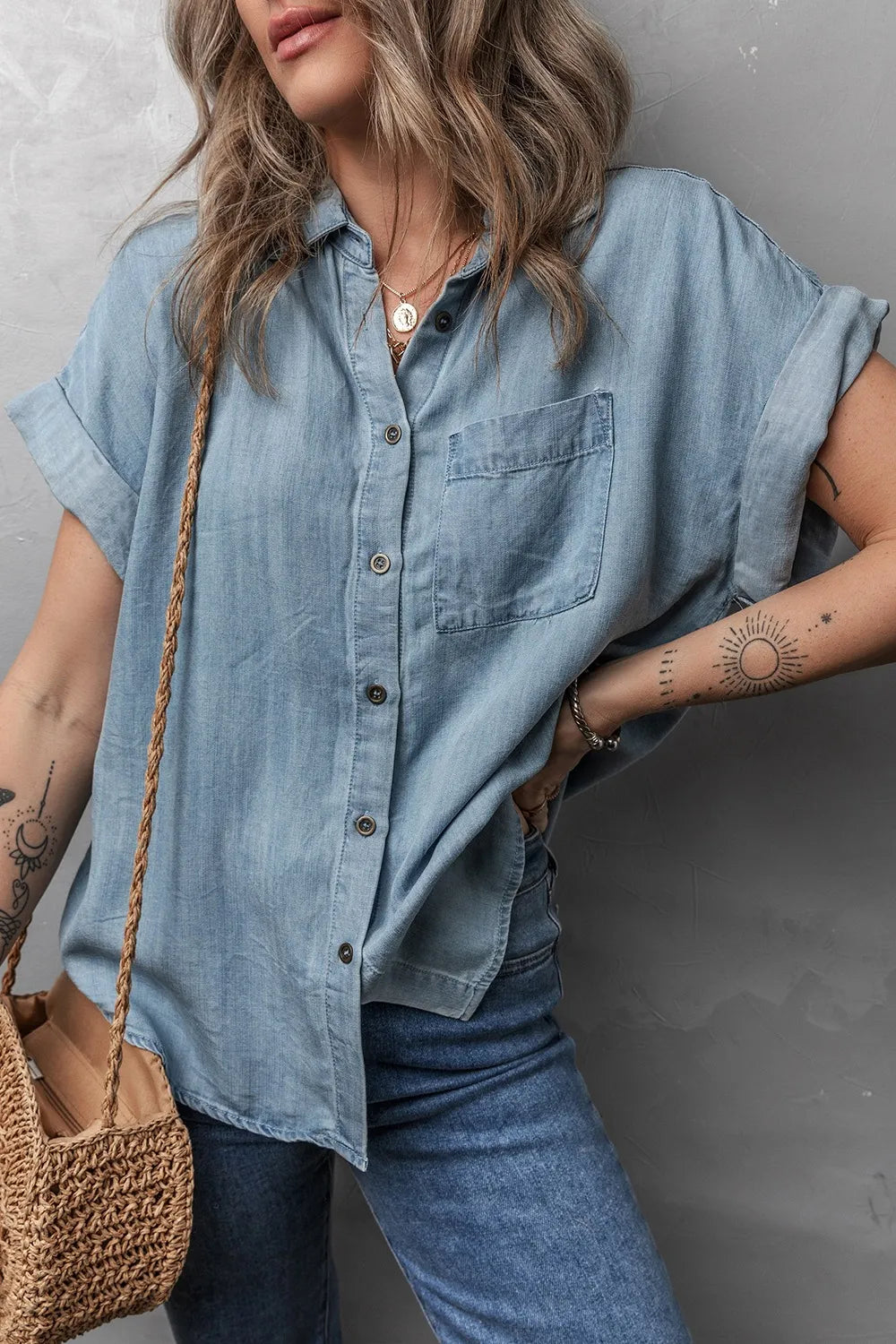 Folded Short Sleeve Patched Pocket Denim Shirt - Premium Women / Jeans & Denim from Trendsi - Just $48.76! Shop now at Handbags Specialist Headquarter