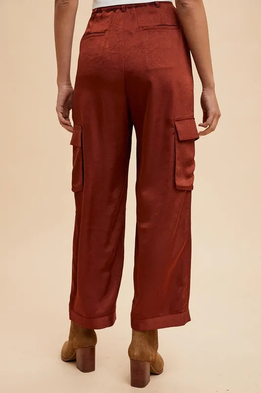 Annie Wear Wide Leg Cargo Satin Pants - Premium Bottoms from Trendsi - Just $50.86! Shop now at Handbags Specialist Headquarter