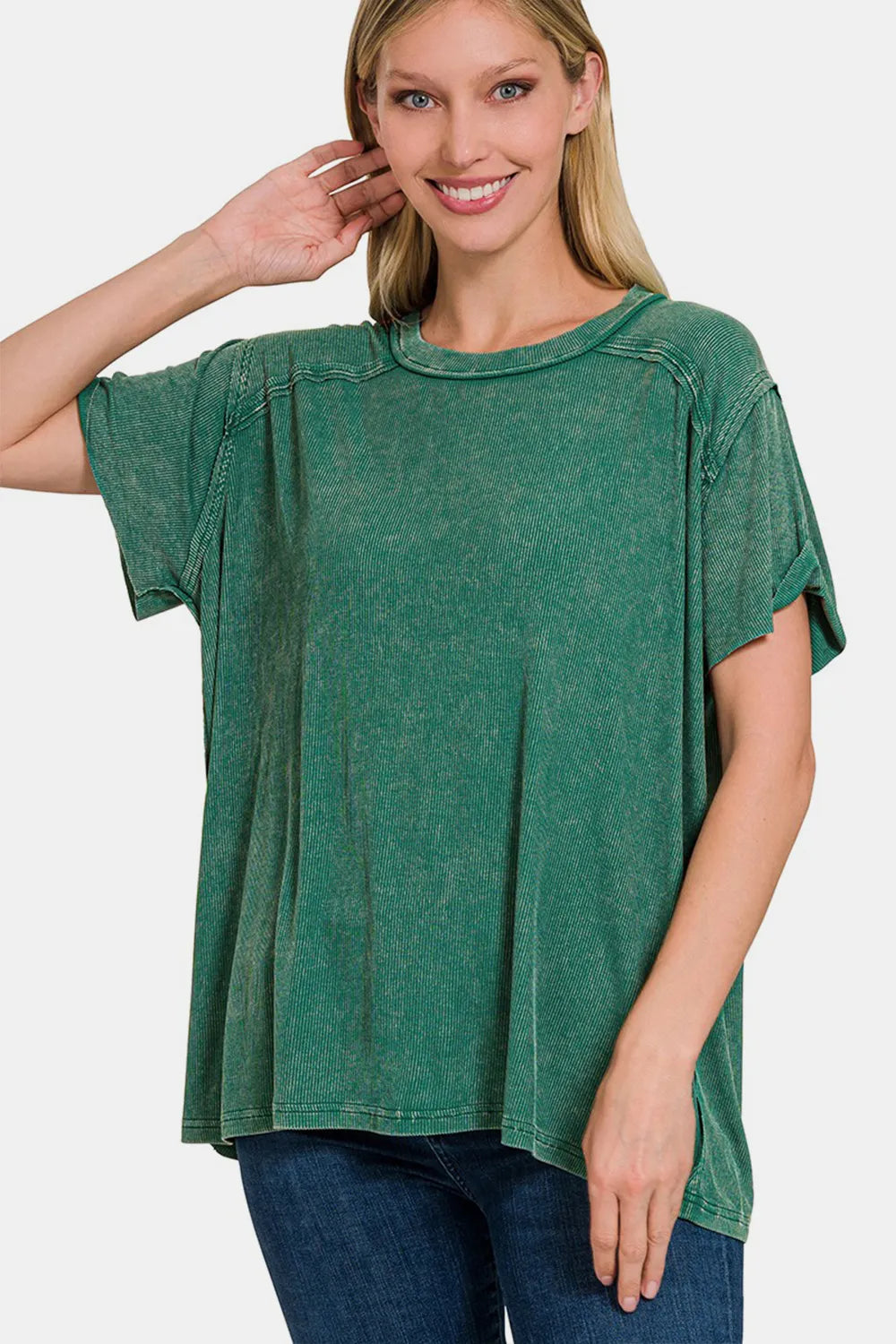 Zenana Washed Ribbed Short Sleeve Top - Premium Women / Jeans & Denim from Trendsi - Just $28.02! Shop now at Handbags Specialist Headquarter