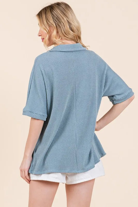 BOMBOM Ribbed Collared Neck Top - Premium Women / Jeans & Denim from Trendsi - Just $34.46! Shop now at Handbags Specialist Headquarter