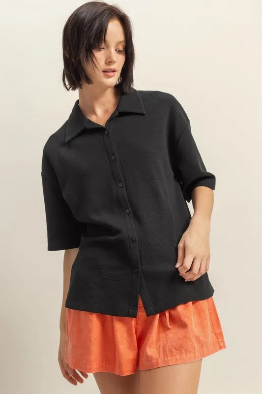 HYFVE Collared Neck Button Down Waffle Shirt - Premium Women's Down Shirt Tops from Trendsi - Just $35.56! Shop now at Handbags Specialist Headquarter