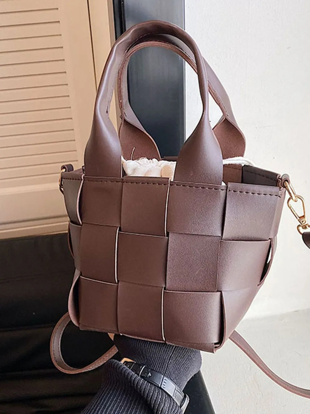 PU Leather Braided Bucket Bag - Premium Tote Bag from Trendsi - Just $33.99! Shop now at Handbags Specialist Headquarter