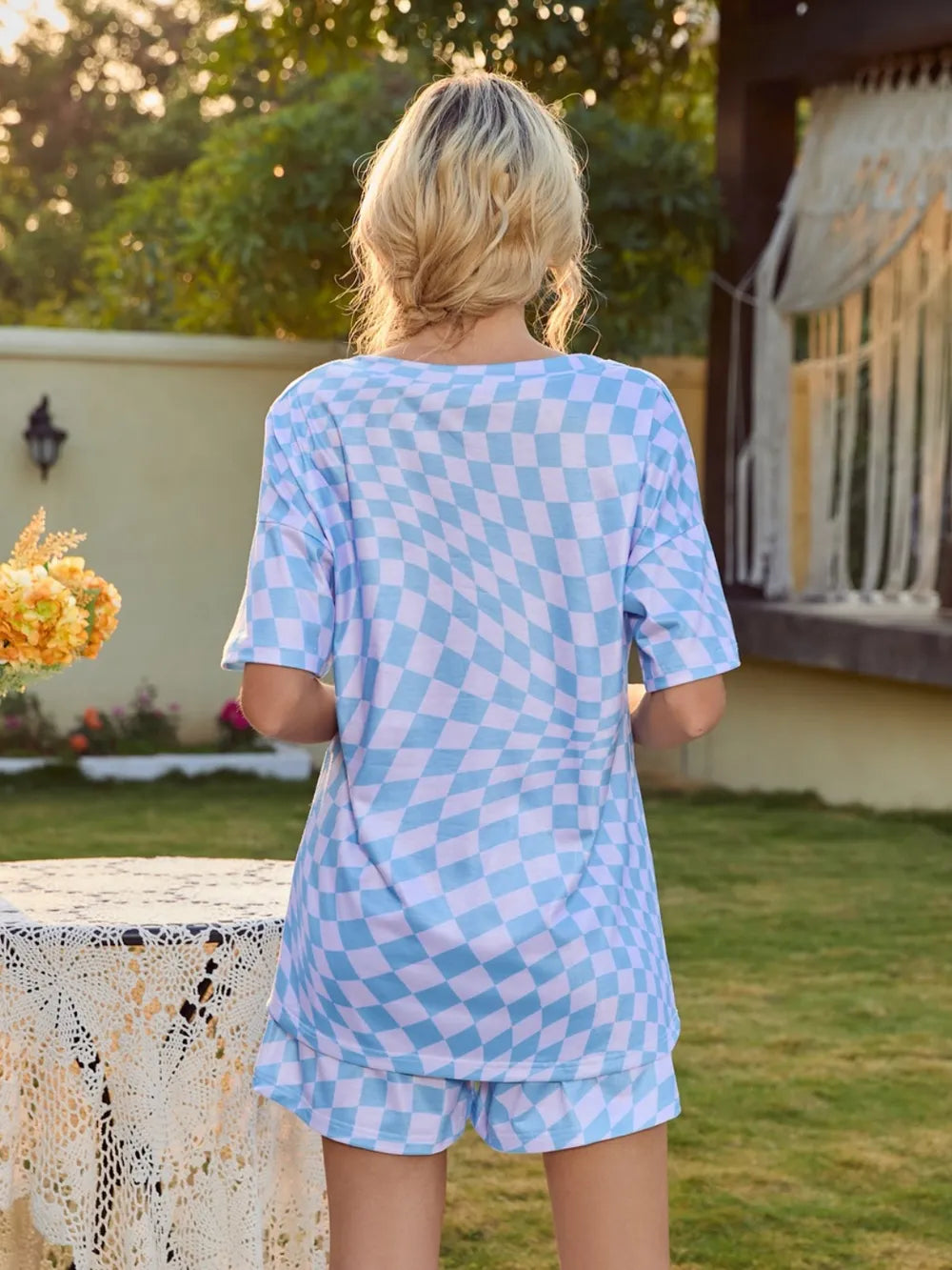 Plaid Round Neck Top and Shorts Lounge Set - Premium sleepwear from Trendsi - Just $30.99! Shop now at Handbags Specialist Headquarter