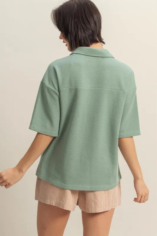 HYFVE Collared Neck Button Down Waffle Shirt - Premium Women's Down Shirt Tops from Trendsi - Just $35.56! Shop now at Handbags Specialist Headquarter