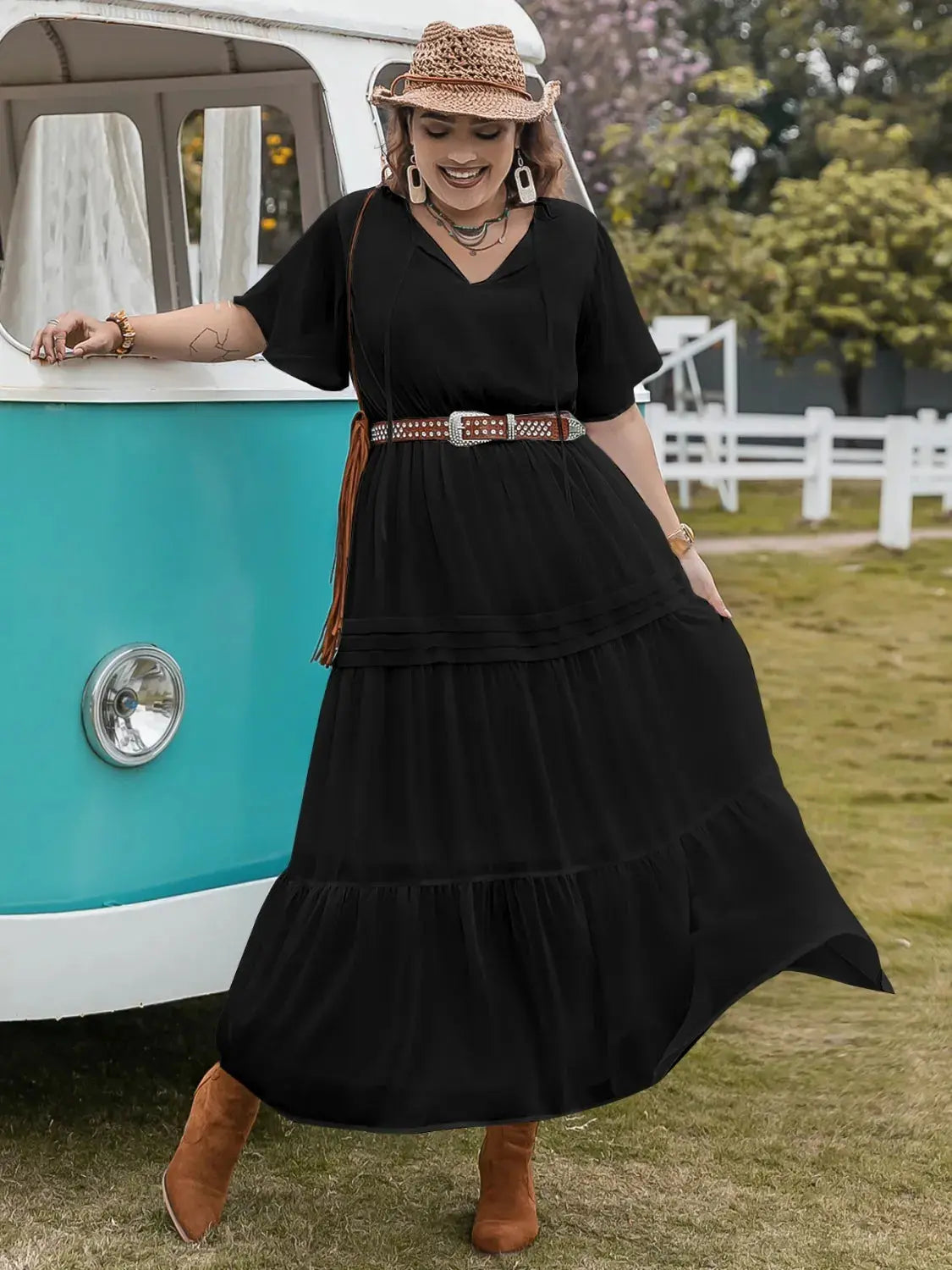 Plus Size Tie Neck Flutter Sleeve Dress.