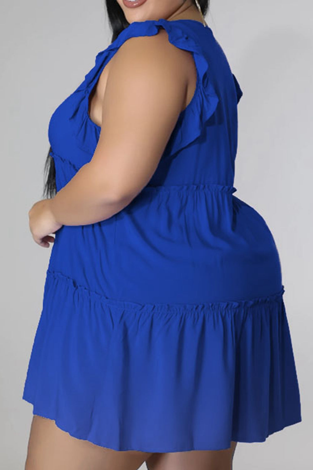 Plus Size V-Neck Frill Trim Mini Dress - Premium Dresses from Trendsi - Just $36.99! Shop now at Handbags Specialist Headquarter