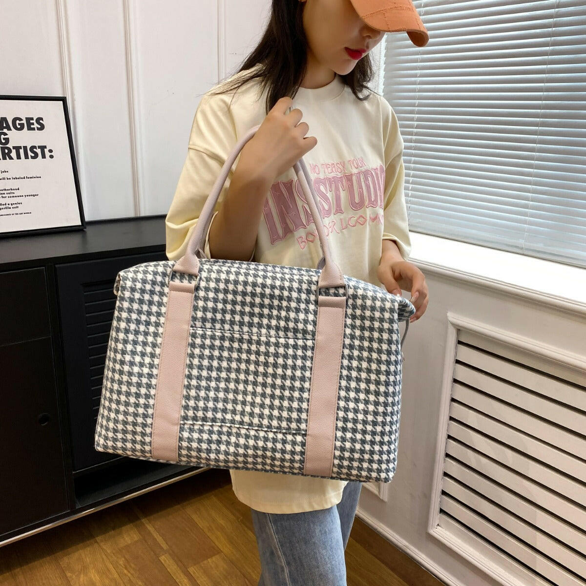 Houndstooth Canvas Travel Bag - Premium Luggage Travel Bags from Trendsi - Just $30.28! Shop now at Handbags Specialist Headquarter