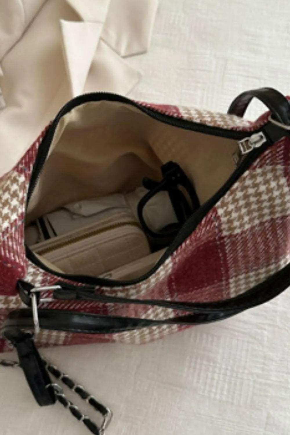 Plaid Adjustable Strap Handbag.